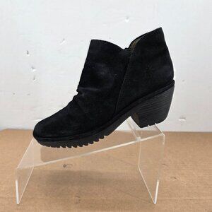 Fly London Yip Black Suede Zip Up Wedge Women's Boots Size 39 8-8.5